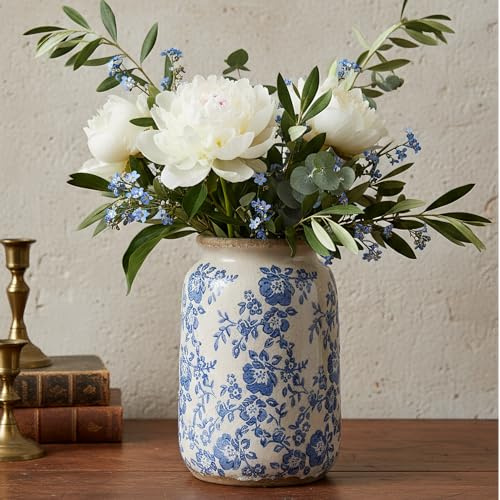 Basitys Blue and White Chinoiserie Ceramic Vase, 17.5 cm Hand-Painted Peony Floral Design, Antique Style Home Decor