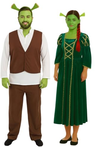 Disfraz de ogro para parejas, disfraz de princesa adulta con peluca y ogro con orejas de ogro y pintura facial verde, perfecto para Halloween, fiestas, cosplay y eventos temáticos
