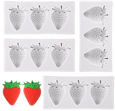 4 Stück 3D Silikonformen in Erdbeerform, Mini Obstformen zum Dekorieren von Kuchen Cupcake Toppern Schokolade Fondant Süßigkeiten Gelee Polymer Ton und Blütenpaste