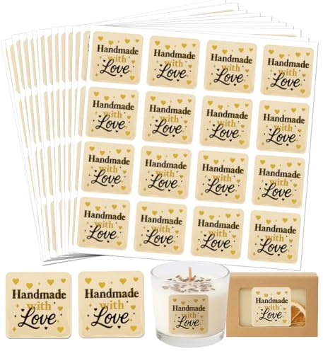 GOMAKERER 320 Pcs Homemade with Love Stickers, Gold Foil Heart Home Made Labels Canning Labels Stickers Self-Adhesive Sticker for Packaging Cookie Bags Containers Businesses Gifts, 5 CM