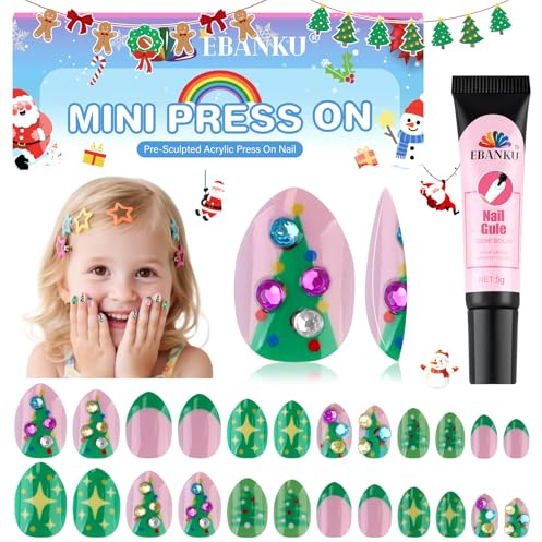 Weihnachts-Press-on-Nägel für Kinder, EBANKU 24-teiliges Mandel-Kunstnagel-Set, Vollabdeckung, grüner Weihnachtsbaum, niedliches Design, Acrylnägel mit Nagelkleber für Mädchen