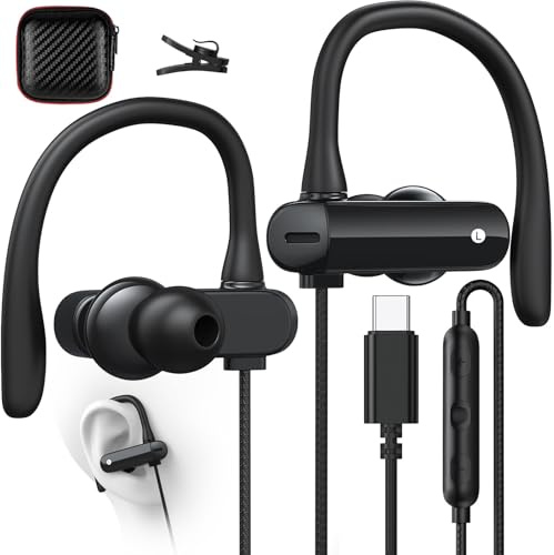 Auriculares USB C Gancho Auricular Micrófono y Control Volumen Estéreo HiFi Auriculares In Ear con Cable para Samsung Galaxy S25 FE S24 S23 A56 A16 para iPhone 17 16 15 Pixel 10 9 8 7 Deporte Oficina