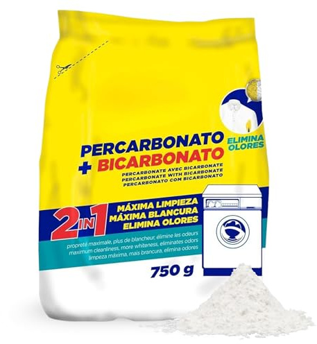 Percarbonato + Bicarbonato blanqueador, Percabonato Sódico, Apto para el lavado de ropa tanto blanca como de color, alarga la vida de su lavadora, Elimina Manchas Difíciles y Olores, 750 gramos, 1 ud