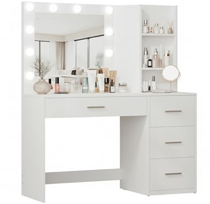 Avilia - Postazione Trucco con Specchio Trucco con Luci LED – 12 Lampadine, 3 Tonalità, 4 Cassetti, 3 Ripiani | Scrivania Trucco con Specchio, MDF, H140×L94×P40 cm, Multiuso Studio e Make-Up