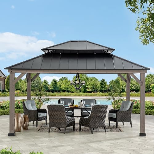 SUNJOY Gazebo en Bois à Toit Rigide 390x450 cm, Structure en Cèdre, Toit Métallique à 2 Niveaux, Résistance Neige et Vent, Pavillon Permanent Robust pour Terrasse, Jardin, Grill, Piscine