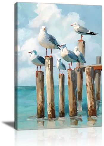 Gabbiano Paesaggio Stampe da Parete Con Telaio,Blu Uccelli Marini a Riposo Quadri Moderni Natura Uccelli Quadro Stampe Su Tela Moderno Poster Decorazioni per Soggiorno Camera Da Letto Cucina 40X60cm