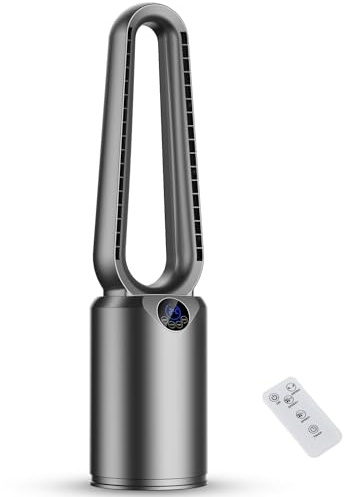 Ventilador Torre Sin Aspas 85 cm con Purificador de Aire, Ultra Silencioso DC | 24 Velocidades, Oscilación 90°, Mando a Distancia y Pantalla LED, Temporizador 12h, para Sala de Estar y Dormitorio