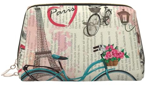Eiffel Tower Bike Print Leather Cosmetic Pouch, Leather Makeup Bag for Purse with Top Zip Closure Stylish Toiletry Bag