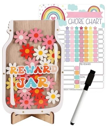 JIRVEX Tarro de Recompensas para Niños con 30 Estrellas y Pizarra Magnética Infantil - Tabla de Recompensas para Casa, Escuela y Aula (Flores de Colores)