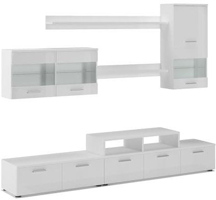 Skraut Home – Wohnzimmermöbel – 194 x 250 x 42 cm – LED-Beleuchtungssystem – Alfa II-Modell – große Speicherkapazität – moderner Stil – weißes Finish