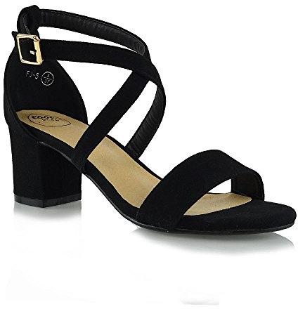 Womens Strappy Sandals Block Low Heel Ladies Ankle Strap Party Evening Shoes Black Faux Suede 6 UK