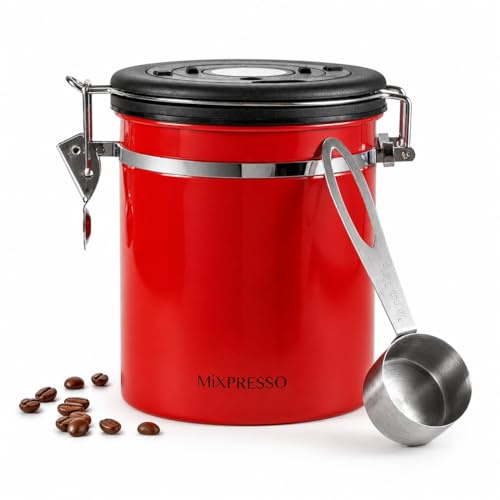 Mixpresso 16 Oz Red Coffee Canister, Stainless Steel Airtight Coffee Container, Air tight Jar Tea Storage with Date Tracker, Vacuum Sealed Espresso Airtight Canister, Sugar Container for Home