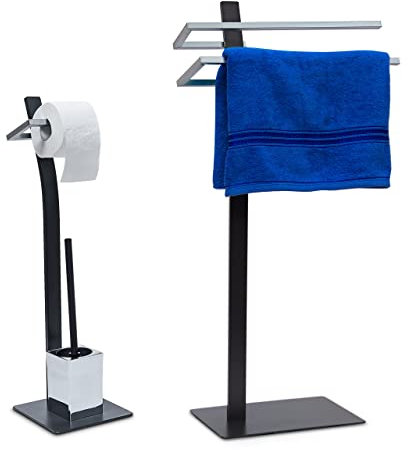 Relaxdays Set da 2X Accessori da Bagno, Stand Porta Asciugamani, Piantana da WC con Portarotolo e Portascopino. Nero Argentato