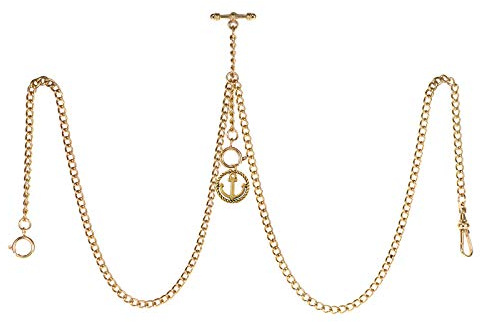 TREEWETO Taschenuhrkette mit T Bar Endstück Gesamtlänge 72cm Doppel Albert T-Bar Taschenuhr Kette mit Antiker Anker-Anhänger und 3 Haken für Weste Knopfloch