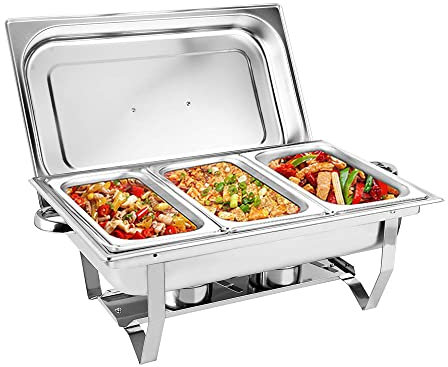 9L 3 Grid Profi Chafing Dish Speisewärmer Wärmebehälter Satz Speisenwärmer Edelstahl Warmhaltebehälter Warmhaltegerät w/Cover