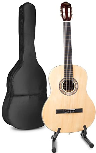 MAX SoloArt akustische Gitarre mit Tasche und Gitarrrenständer, Stimmgerät, Plektrum, Gurt und Zubehör - Spanische Akustik-Gitarre für Anfänger, Konzertgitarre in Holz-Natur