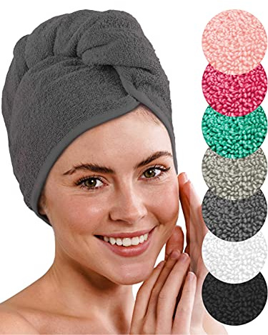 LAYNENBURG Premium Haarturban mit Knopf aus 100% Baumwolle - Haarhandtuch - für Kurze und Lange Haare – Turban Handtuch ist schnelltrocknend und saugstark (anthrazit)