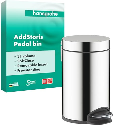 hansgrohe AddStoris - Poubelle de salle de bain avec capacité de 3 l, Poubelle à pédale, Accessoires de salle de bain, Soft Close, Chromé, 41775000