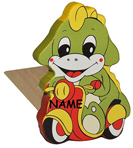 alles-meine.de GmbH 2 in 1: Türstopper/Fensterstopper/Unterlegkeil - aus Holz - Dinosaurier/Krokodil/Drache/Dino mit Roller incl. Name - Türkeil/Klemmschutz/Türpuff..