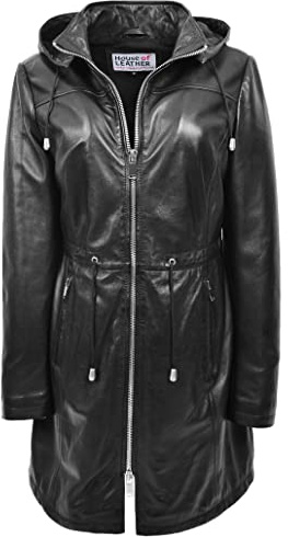 Womens Real Leather Hooded Parka Coat 3/4 Length Style Tyra Black