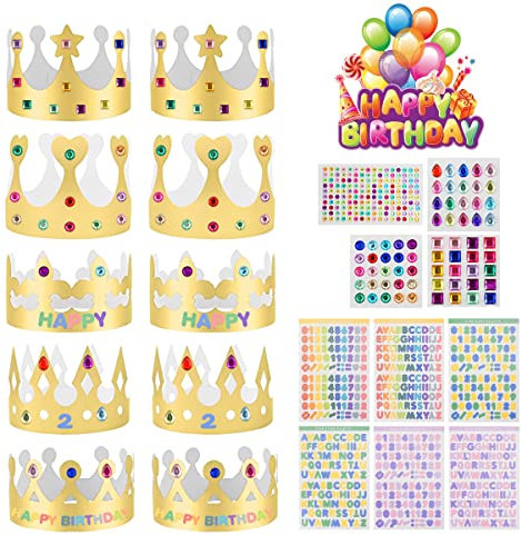 10 Pezzi Golden Corone di Carta, Cappello Regolabile di Carta d'oro, con 6 Pezzi Adesivi Alfanumerici e 4 Pezzi Strass Adesivi Autoadesivi, Cappelli per festa e celebrazione Bambini e Adulti (5 Stili)