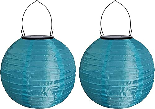 Youning Lampions Außen Wetterfest Solar LED Laterne Wasserdicht Hängende Solar Lampion für Außen 30cm Solarlaterne Outdoor Deko Nylon Papier Laterne Runde Gartenlampions Außenlaternen (2PCS/Blau)