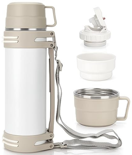 Thermosflasche 1,5L, Thermoskanne mit 2 Becher, Doppelwand aus Edelstahl Isolierflasche, Auslaufsicher Groß Thermoskanne Camping Oder Wandern mit Robuster Griff & Tragegurt, 18h heiß / 24h kalt Weiß