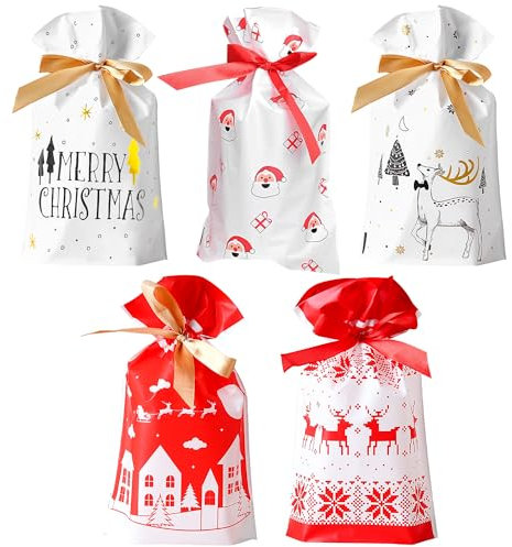 AWCIGG 30 Stück Geschenktüten Weihnachten Weihnachtstüten zum Befüllen Plastik Geschenktüten Klein mit Kordelzug Geschenkbeutel Verpackungstüten für Keks Biscuit Christmas Bags