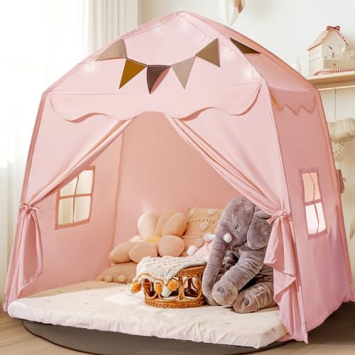 Tienda de campaña extragrande para cama infantil y tienda de campaña para niños con banderas y luces de estrella, tipi portátil y plegable, tienda de campaña para interiores y exteriores, 59 x 39 x 59