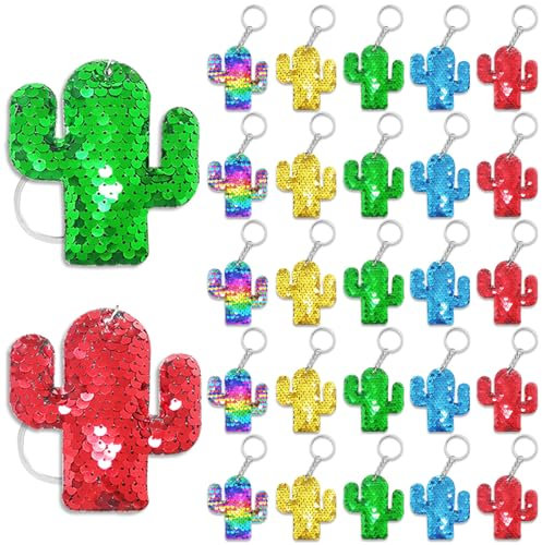 CiciBear 25 Pack Cactus Sequin Keychains for Cactus Mexican Fiesta Tropical Hawaiian Summer Themed Party Favors, Kids and Adults Birthday Gift, Baby Shower, Party, 5 Colors