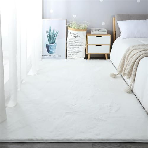 ZWPILY Hochflor Teppich Wohnzimmer Kinderzimmer Flauschig Fellteppich Kunstfell Fellimitat Plüsch Bettvorleger Einfarbig, Waschbar rutschfest, Modern Kunstfell Carpet,Weiß,140x200 cm