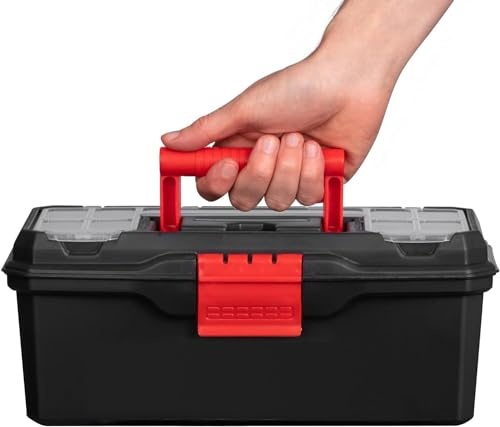 Unibos | 19-Inch Heavy Duty Toolbox With Handle, Secure Plastic Latches & Portable Tote Tray | DIY Storage Box For Tools & Small Parts | Clear Lid Organizers For Quick Access (Black & Red)