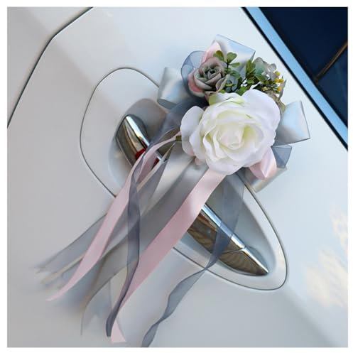 Pmnzdy 4pcs arcos del coche de la boda de flores artificiales Decoración del coche espejo retrovisor manija de la puerta de la decoración de la flor de boda arcos para la fiesta de bodas Grigio