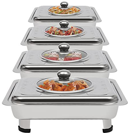 4-Tier Stainless Steel Buffet Server Set with Glass Lids & Detachable Legs - 33.5x27.5cm Rectangular Food Warmers for Catering, Weddings, Home