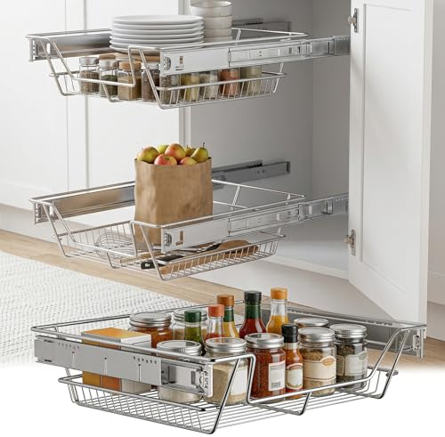 Suusolny 2er Küchenschublade für 40 cm Küchenschrank(Außen Breite),Mit Schienen Vollauszug Schublade,ideal als Schlafzimmerschublade,Schrank Organizer für Küche, Bad & Wohnzimmer -Silber