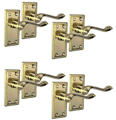 Epsom Door Handle Georgian Scroll Brass Door Handle Set – Internal Lever Handles with Backplate (108mm x 48mm) – Classic Polished Brass-Plated Finish – 4 Pairs
