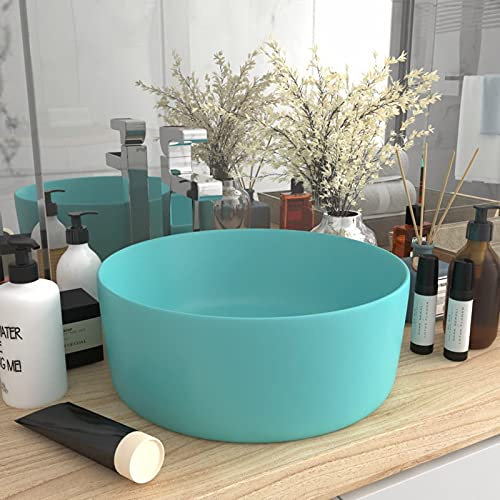 LAPOOH Lavandino Lusso Rotondo Verde Chiaro Opaco 40x15 cm in Ceramica,Lavandino Lusso Lavello per Bagno Lavabo per Toilette Sanitari Prodotti per Bagno-147013
