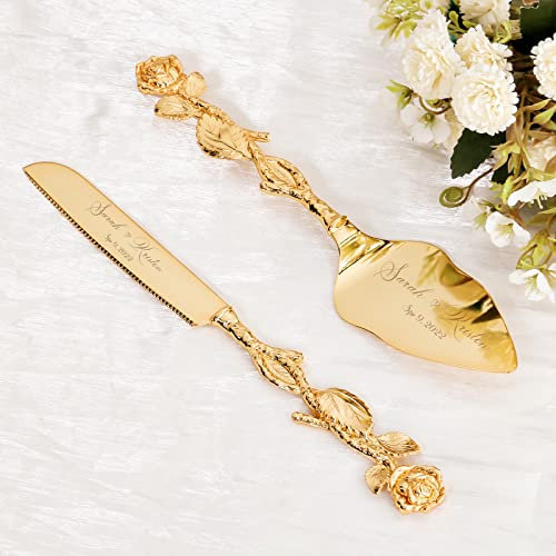 TUKDAK Tortenheber inkl. Tortenmesser im Set mit Gravur, Personalisiert Tortenheber und Servier Set, Gold Tortenmesser Hochzeit, Hochzeitsgeschenke für Brautpaare, Geburtstag, Jahrestag (Rose)