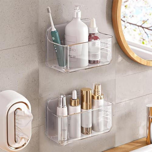 Diesisa 2 Stück Duschablage Ohne Bohren, Duschregal Wandmontage, Shampoo Halterung für Dusche, Duschkorb Selbstklebend, Acryl Regal Bad Ohne Bohren für Küche, Wohnzimmer (Klein-Transparent)