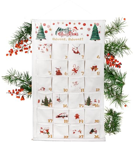 Calendrier de l'Avent à Remplir en Tissu, 2024 Calendrier de l'Avent Vide à Remplir, DIY Calendrier de L'Avent Tissu, Calendrier Suspendu Avent Noël avec 24 Pochettes pour Décorations de Noël
