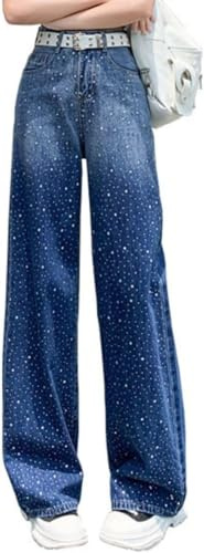 Hecatombic Jeans a Vita Alta con Strass da Donna Jeans a Vita Alta Dritti a Gamba Larga Jeans con Strass Pantaloni Dritti in Denim Lucido a Gamba Larga (Blu,XXL)