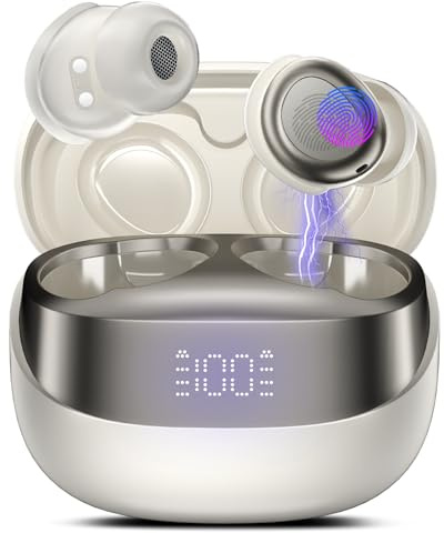 Bluetooth Kopfhörer, Mini In Ear Kopfhörer Kabellos Bluetooth 5.4 Stereo HiFi Immersiv, 47Std Spielzeit Schlafkopfhörer mit Passiver Geräuschmaskierung, LED-Anzeige, IP7 Wasserdichte Ohrhörer Weiß