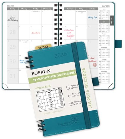 POPRUN 18 Month Planner (Jul'25 - Dec'26) 2025-2026 A6 (16x10.5cm) Pocket Month to View only Spiral Softcover 25/26 Monthly Planner,Sunday Start (Pacific Green)