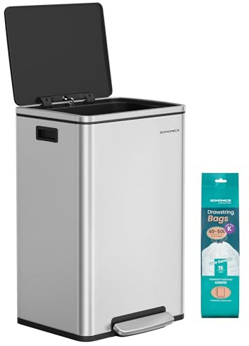 SONGMICS Pattumiera da Cucina 50 L, con 15 Sacchi per Spazzatura, Acciaio Inox, Secchio in Plastica Rimovibile, Cestino a Pedale con Coperchio Maniglie Chiusura Morbida, Colore Argento LTB595E01