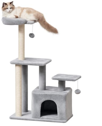 PawHut Árbol Rascador para Gatos 3 Plataformas Casita 114 cm Gris Claro