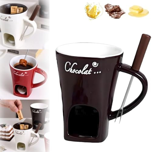 Sweet Fondue Cup, Chocolate Fondue Mug Tealight, Chocolate Melting Cups, Mini Chocolate Fondue Set Without Tealights, Fondue Cups with Forks for Date Night Birthday Wedding Gifts (Brown)