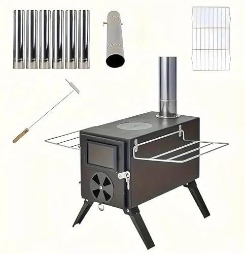Yallmie Portable Wood Burning Burner Stove with Chimney Pipes Camping Wood Log Burner Detachable Camping Fire Tent Stove for Grill, Picnic, Hunting, Tent