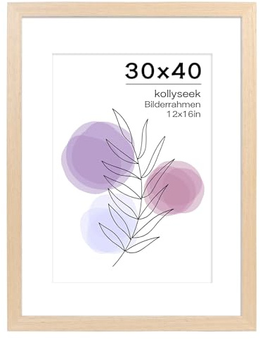 kollyseek Bilderrahmen 30x40cm Echtholz Eichefarbe mit Passepartout Holz Rahmen mit Acrylglas Eiche Natur Fotorahmen(Helle Eichenfarbe)