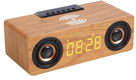 Réveil haut-parleur élégant en bois avec chargement sans fil, 6 W, 23 x 10 x 7,9 cm, design moderne pour la maison et le bureau