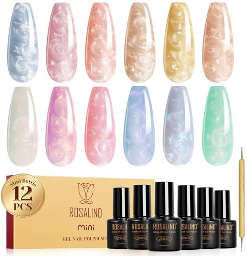 ROSALIND UV Nagellack Pearl, 12 Farben Blau Rosa Gold Grün Shimmer Pearl Effect Spirale Gel Nagellack mit Stick, Thread Shell Gellack, Soak-Off Mini UV/LED Farbgel für Nail Art Maniküre Geschenk